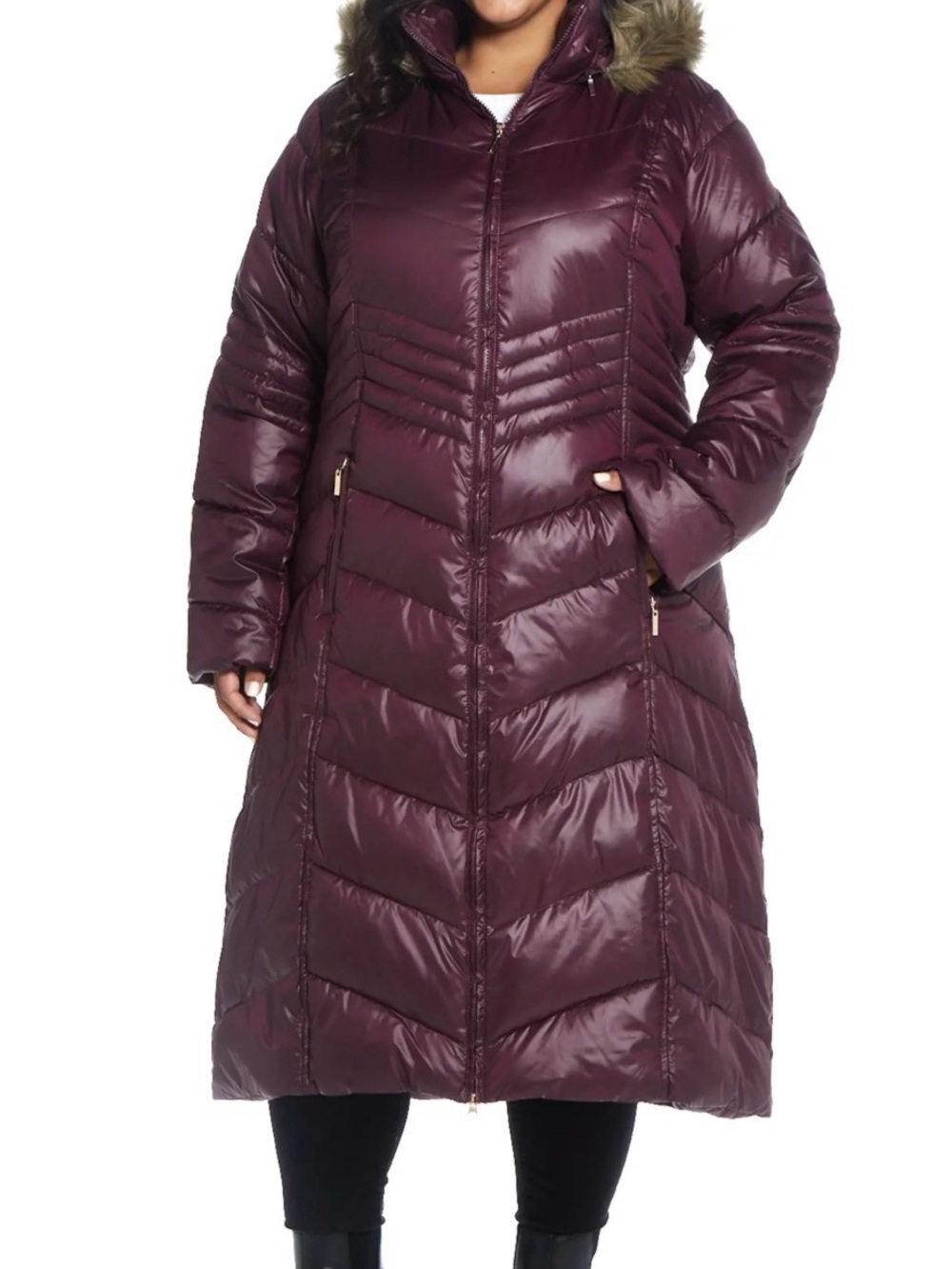 Gallery New York Women 2X Port Long Puffer Coat Hood Faux Fur
Trim Full Zip NWT